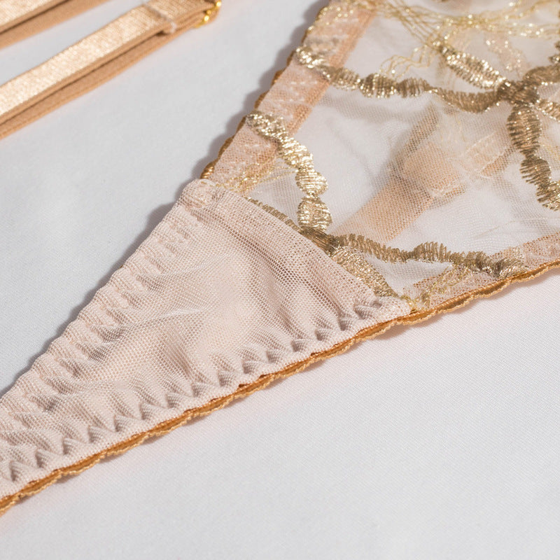 Sheer Mesh Beige Bra Set of 3 with Embroidered Detailing Crotch Details