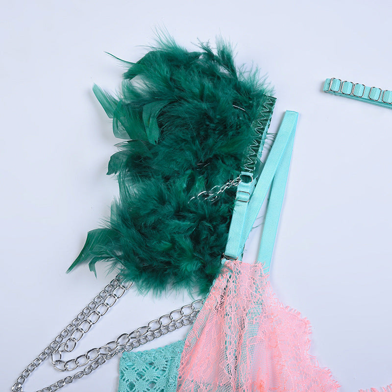 Green Diamond Mesh Bra Set with Feathered Shoulder Straps Strapy Show