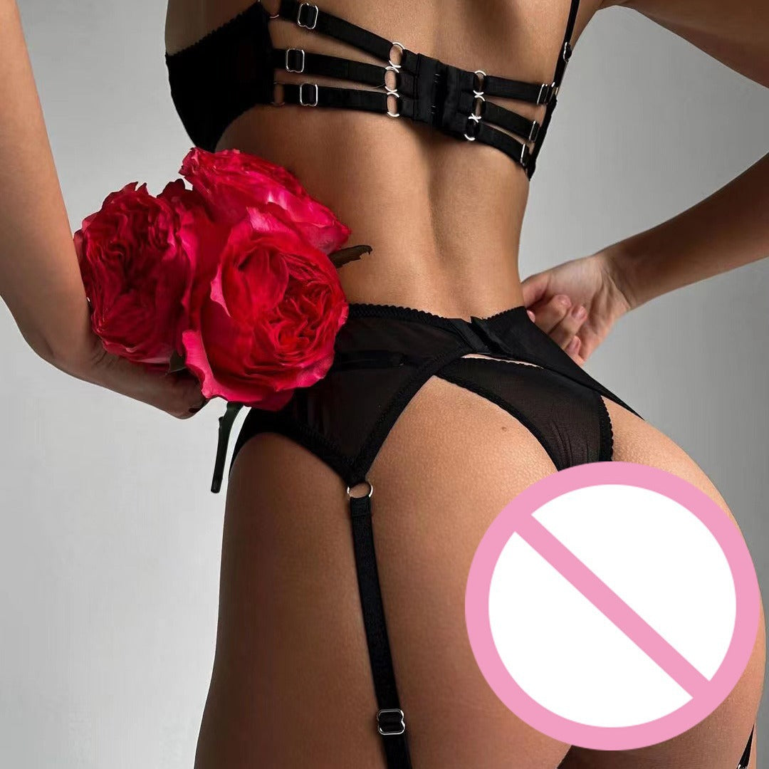 Intrigue Lace Bra and Suspender Lingerie Trio Back Show