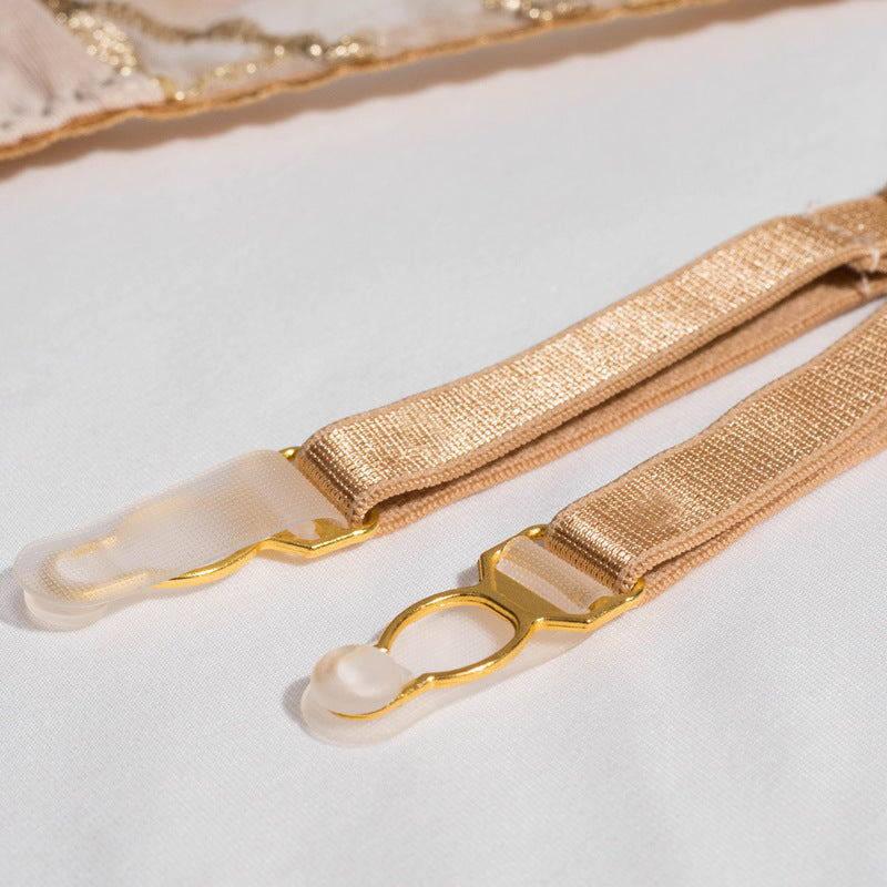 Sheer Mesh Beige Bra Set of 3 with Embroidered Detailing Belt Details