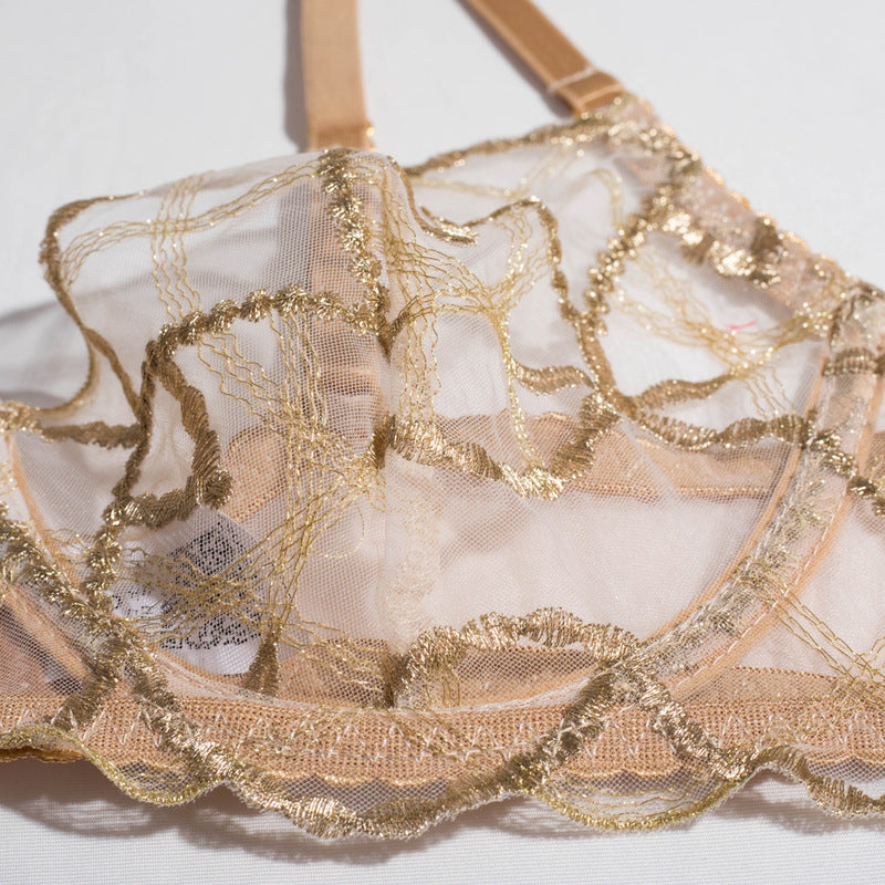 Sheer Mesh Beige Bra Set of 3 with Embroidered Detailing Bra Details