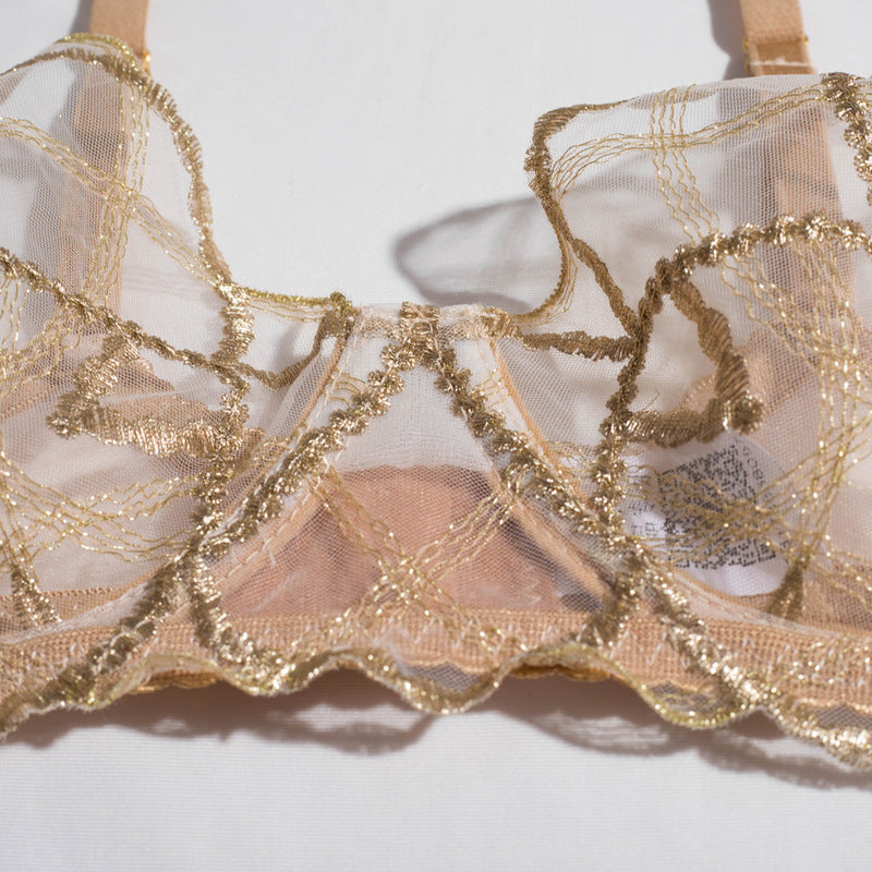 Sheer Mesh Beige Bra Set of 3 with Embroidered Detailing Bra Show