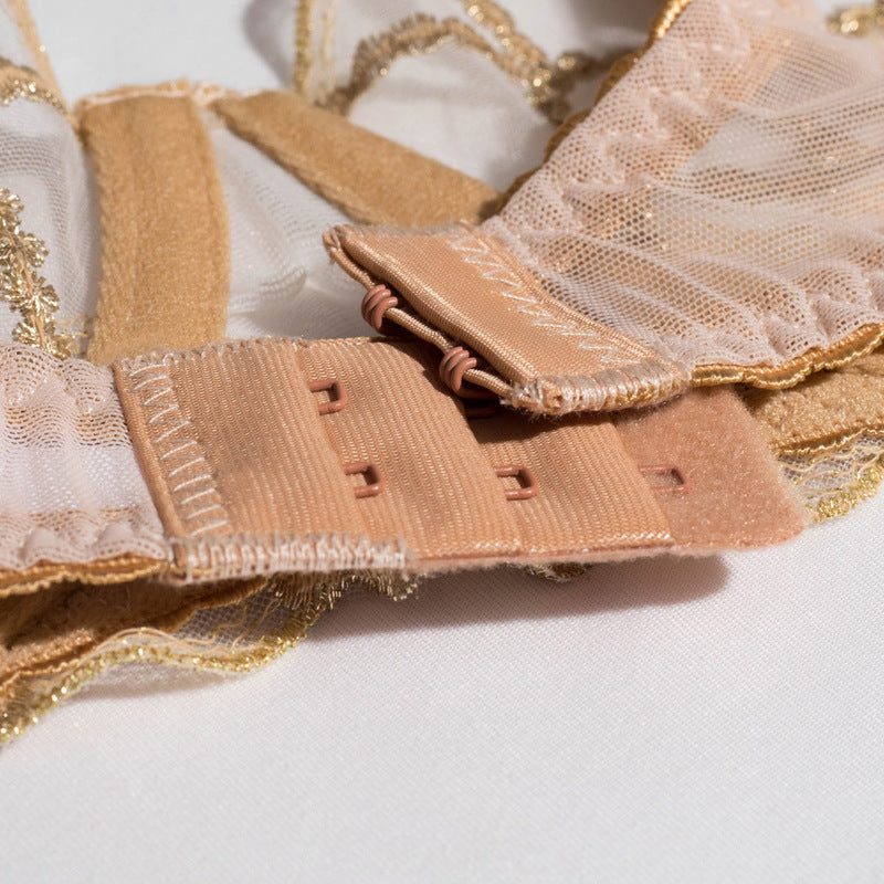 Sheer Mesh Beige Bra Set of 3 with Embroidered Detailing Hook Details